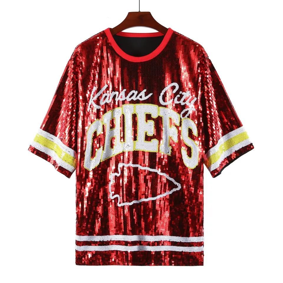 Chiefs Inspired Sequin Jersey T-Shirt Dress - Red