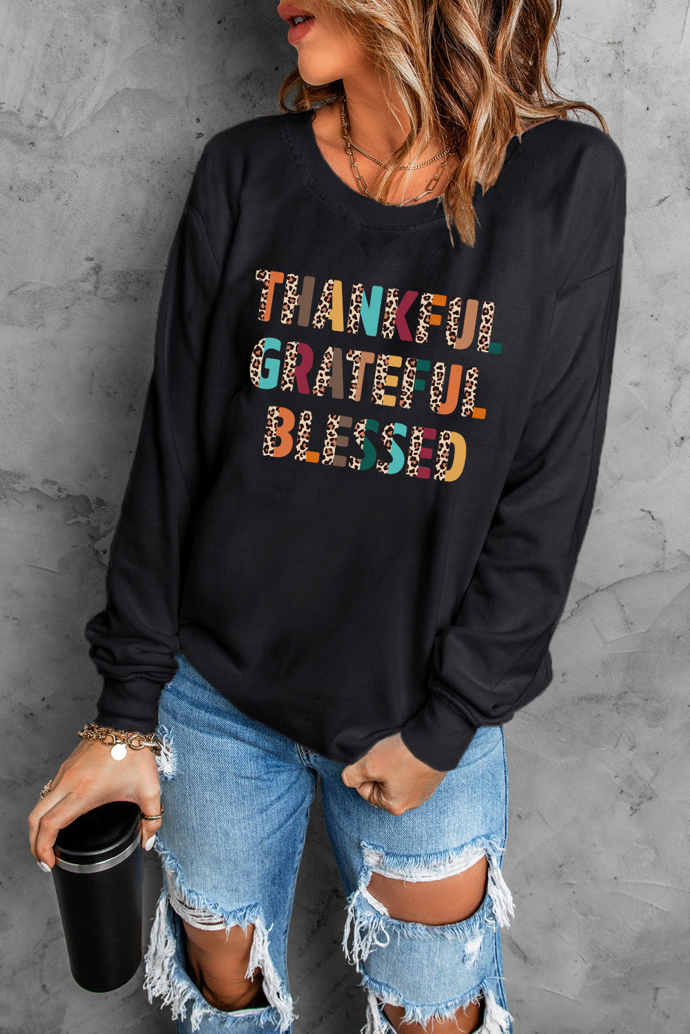 Sudadera con estampado de leopardo negro AGRADECIDO AGRADECIDO BENDITO