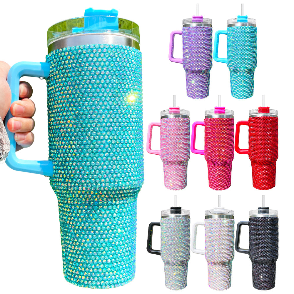 Vaso brillante de acero inoxidable Bling de 40 oz con asa y pajita