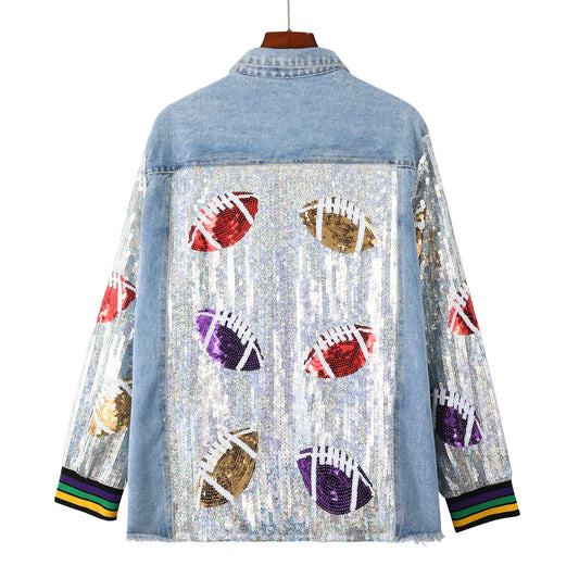 Game Day Glam Sequin Football Denim Jacket – One Size Statement Fit
