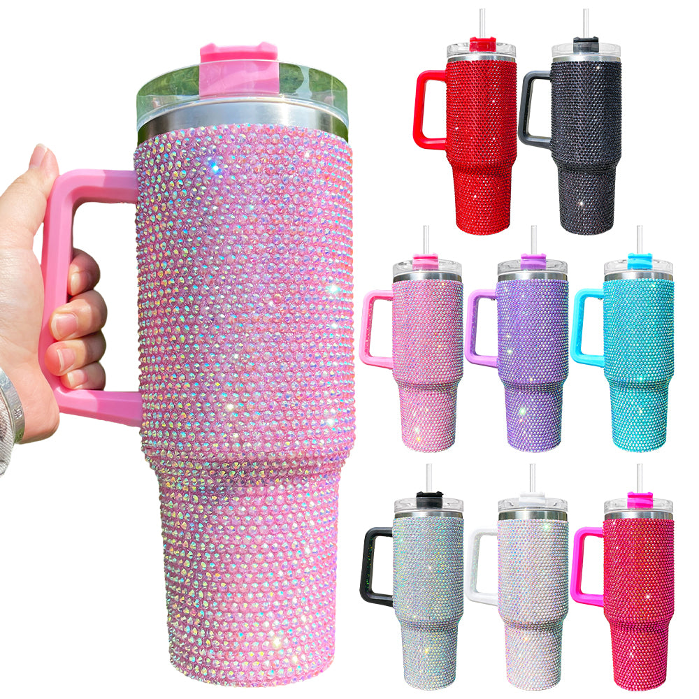 Vaso brillante de acero inoxidable Bling de 40 oz con asa y pajita