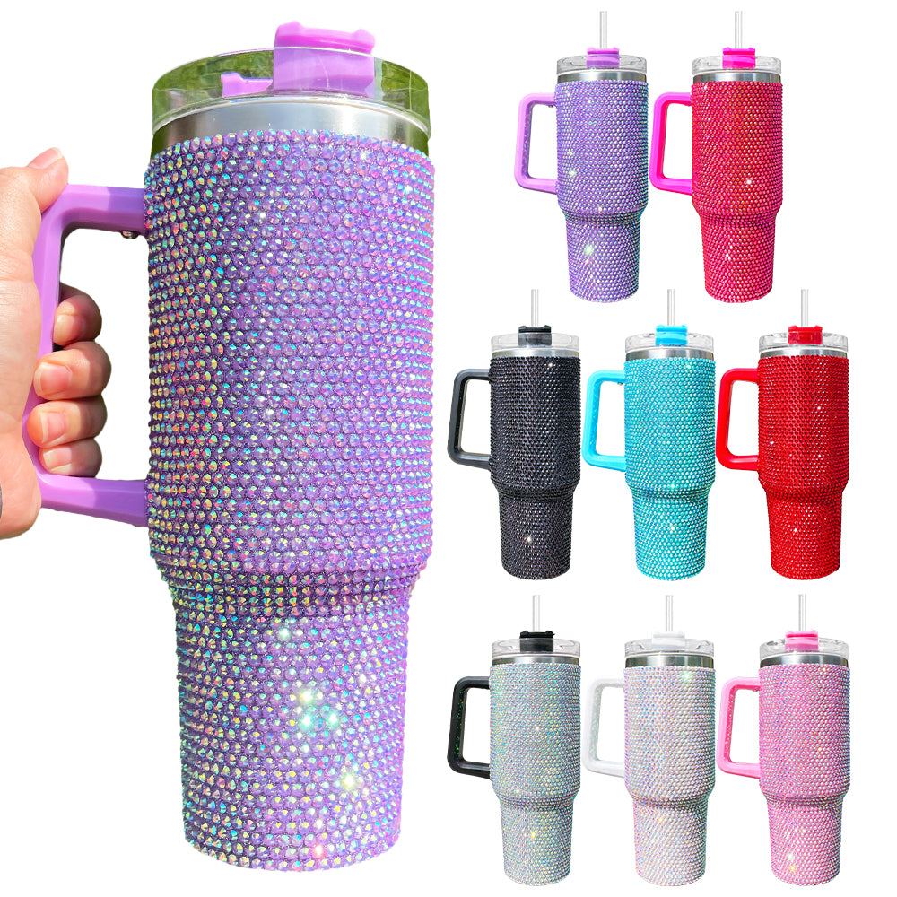 Vaso brillante de acero inoxidable Bling de 40 oz con asa y pajita