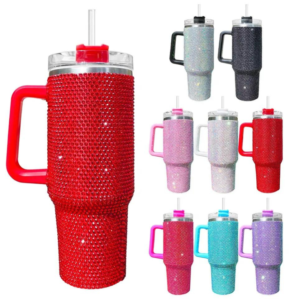 Vaso brillante de acero inoxidable Bling de 40 oz con asa y pajita