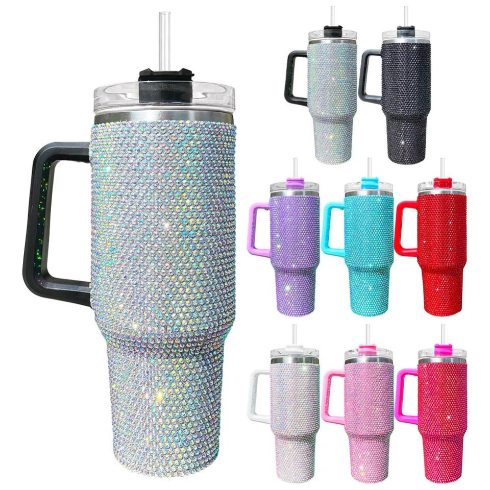Vaso brillante de acero inoxidable Bling de 40 oz con asa y pajita