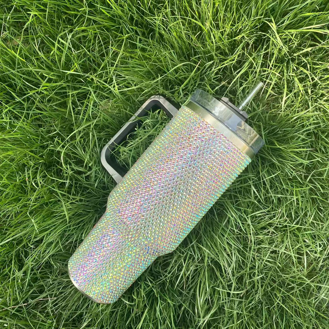 Vaso brillante de acero inoxidable Bling de 40 oz con asa y pajita