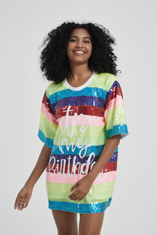Sequin Birthday Jersey Dress Shirt, Multi Color
