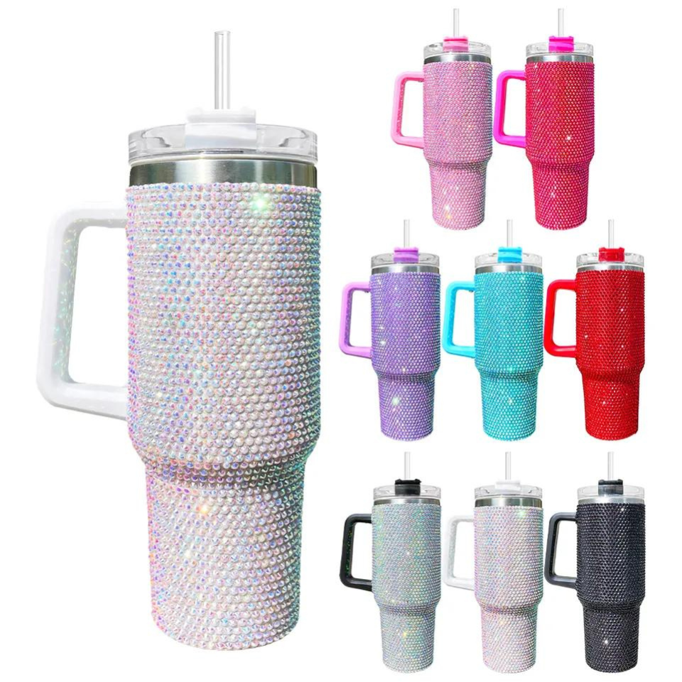 Vaso brillante de acero inoxidable Bling de 40 oz con asa y pajita