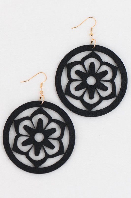 Boho Flower Round Wood Earrings