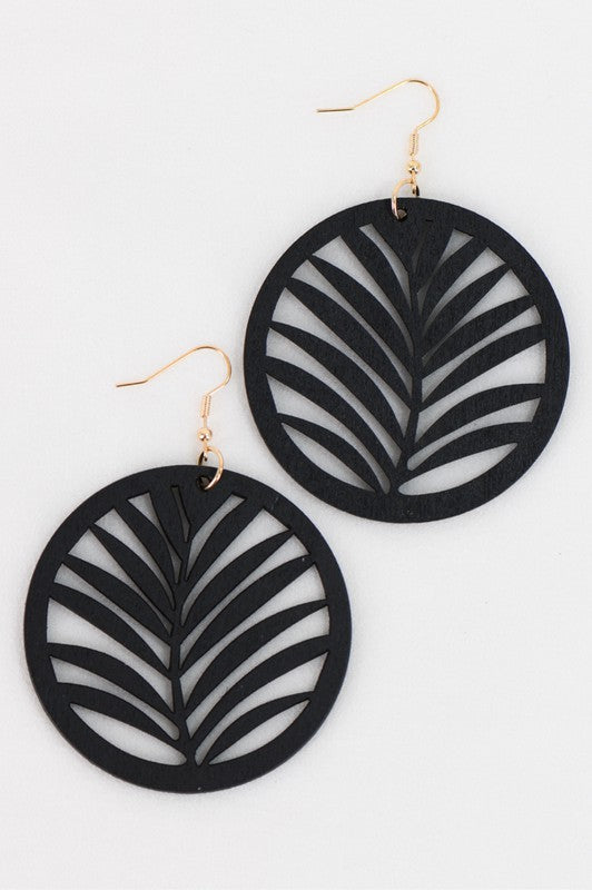 Boho Palm Leaf Round Wood Earrings
