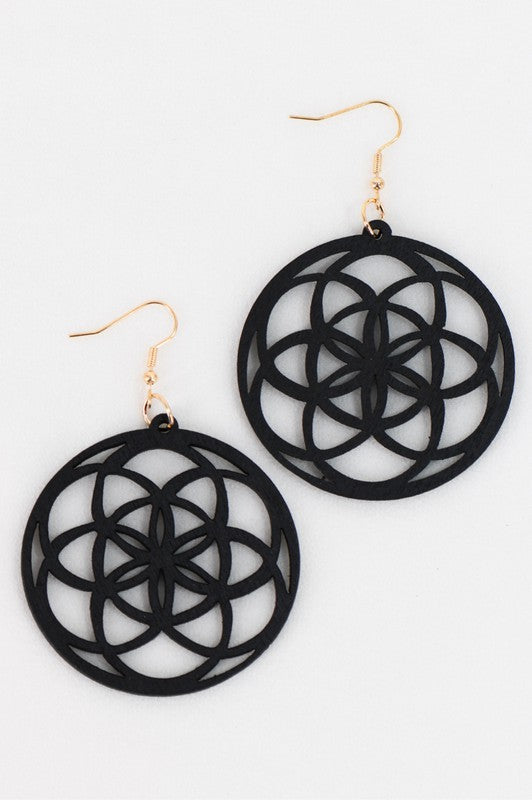 Boho Filigree Flower Round Wood Earrings