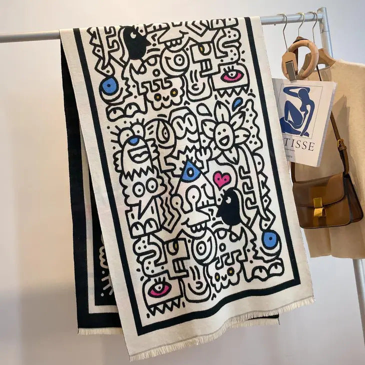 Sciarpa avvolgente reversibile Graffiti Artisan - Bianca e nera