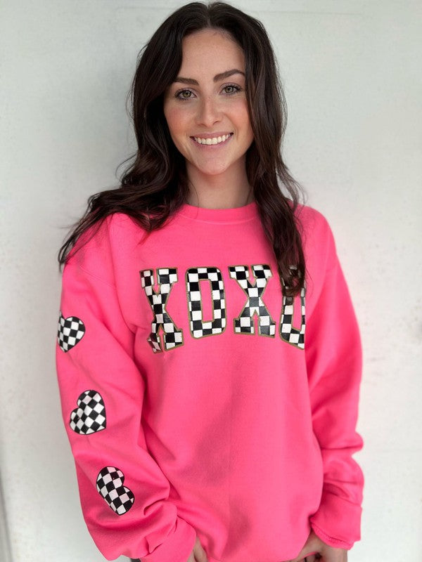 Neon Pink Checkered XOXO Sweatshirt - Plus Size