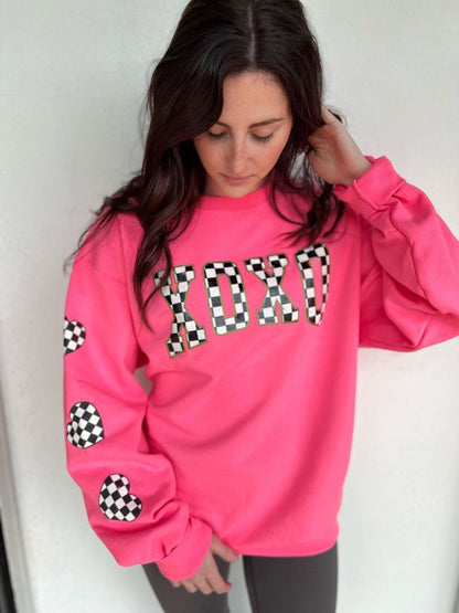 Neon Pink Checkered XOXO Sweatshirt - Plus Size