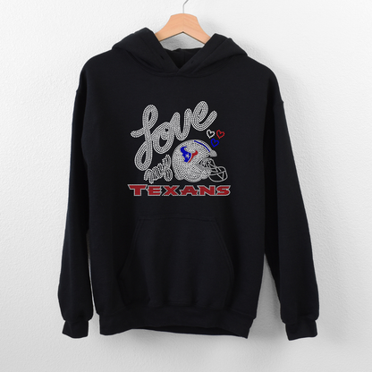 Rhinestone "Love my TEXANS" Heat Transfer Patch: Sparkling Fan Design