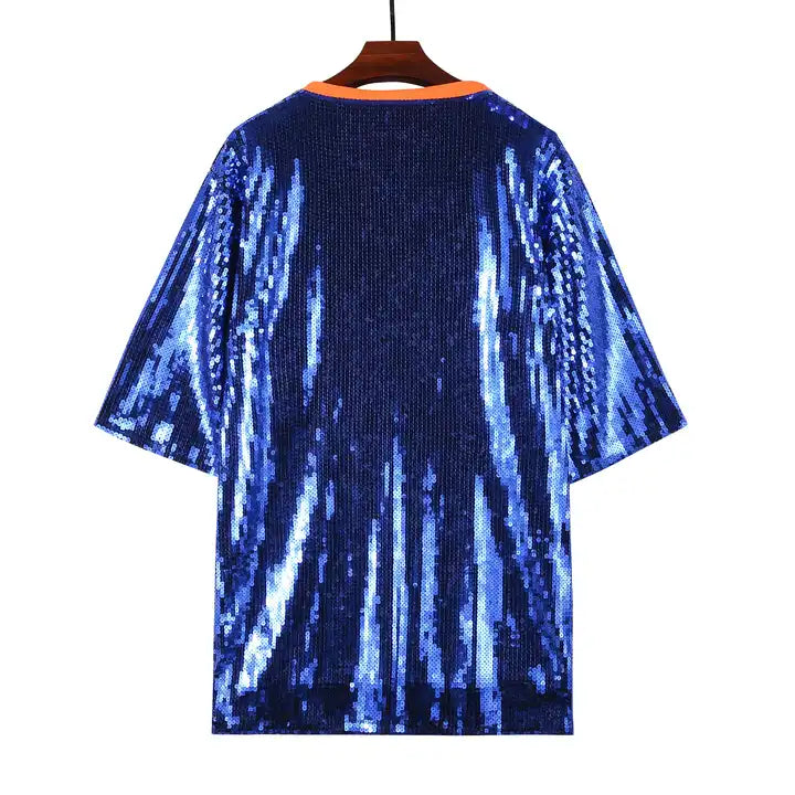 Sequin Baseball Jersey T-Shirt Dress - Blue