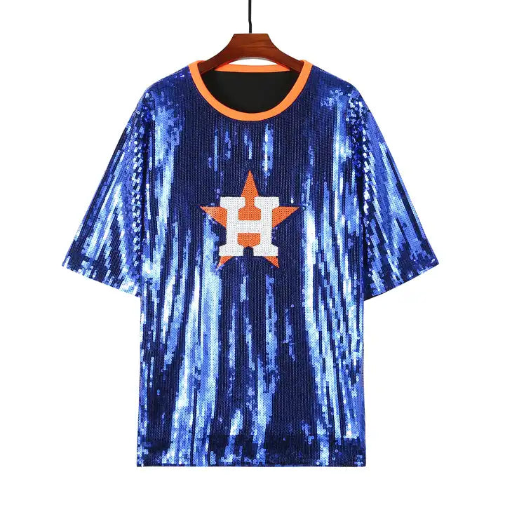 Sequin Baseball Jersey T-Shirt Dress - Blue
