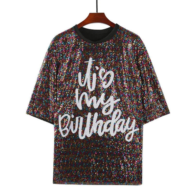 Sparkle Multi-Color Sequin Glitter Birthday Party T-Shirt Dress - One Size