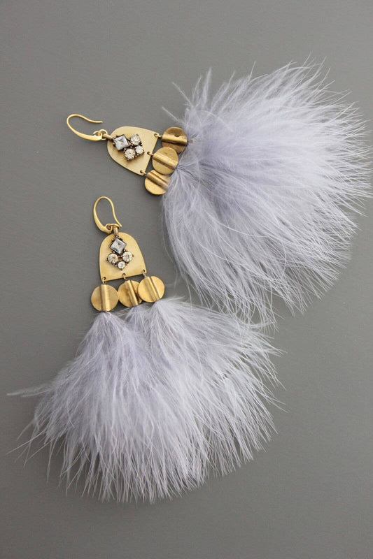 Gray feather rhinestone earrings