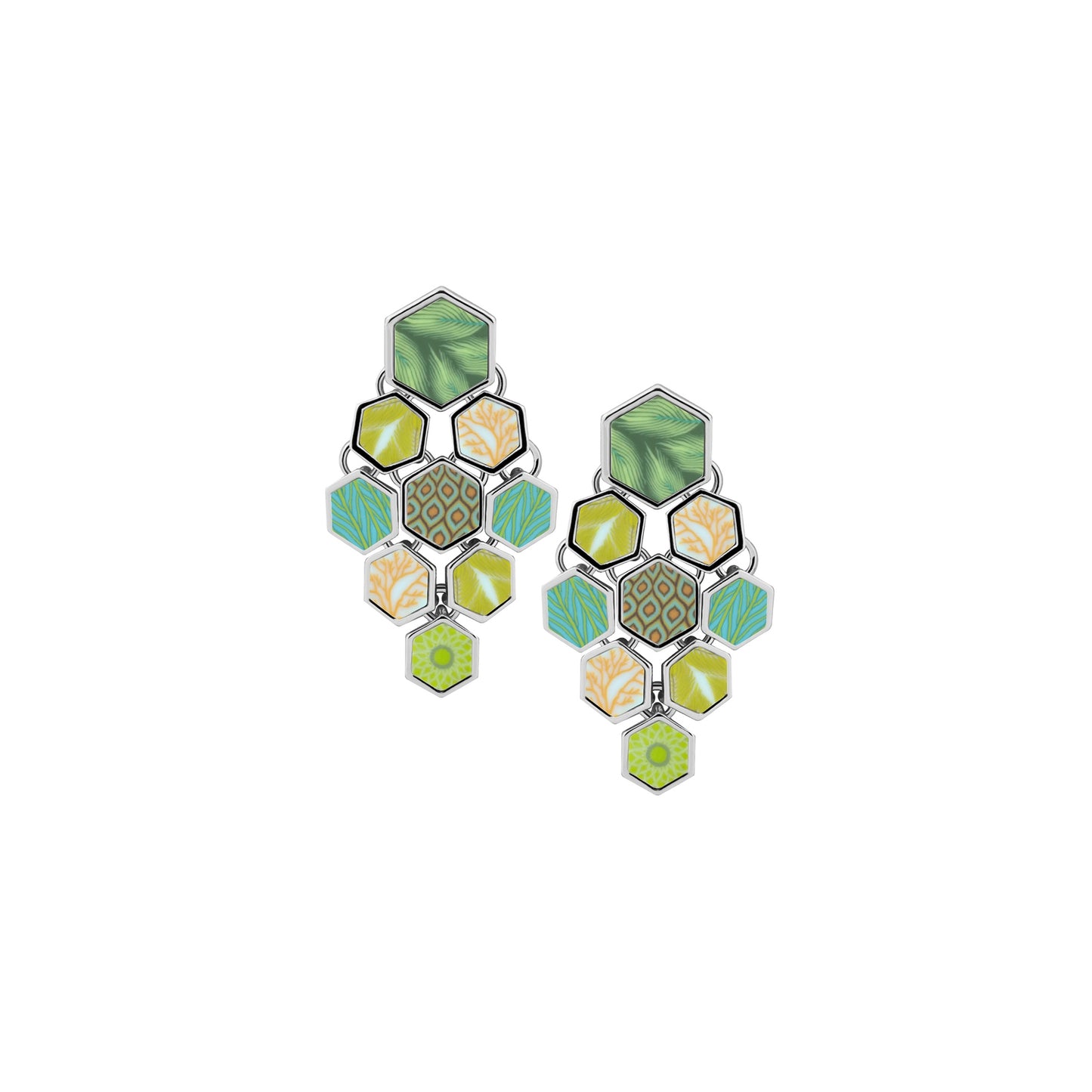 Silver Hexagon Chandelier Earrings - Green