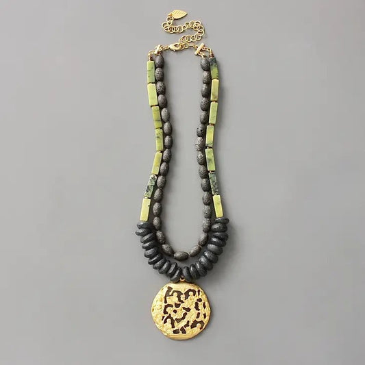 Double strand black and green stone pendant necklace
