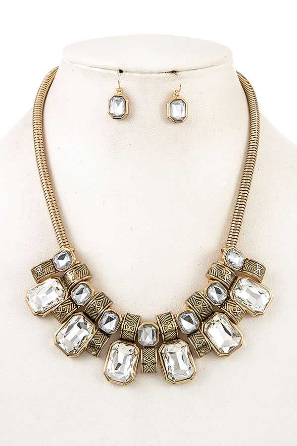 Faceted Crystal Gem Bib Necklace Set