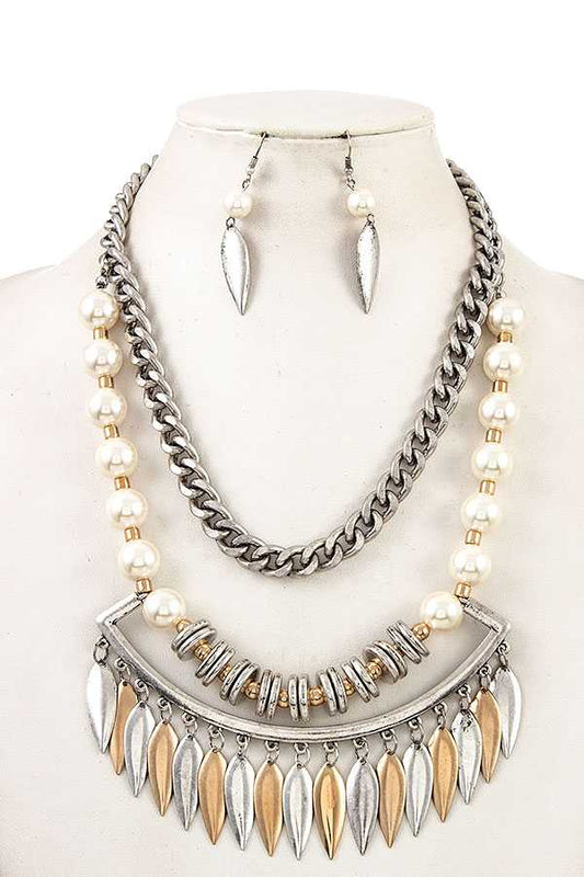 Flat Chain Pearl Link Necklace Set