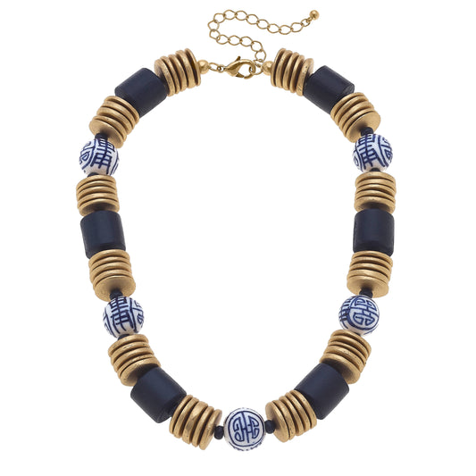 Lorelei Chinoiserie & Painted Wood Necklace in Navy