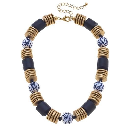 Collana Lorelei Chinoiserie e legno dipinto in blu marino